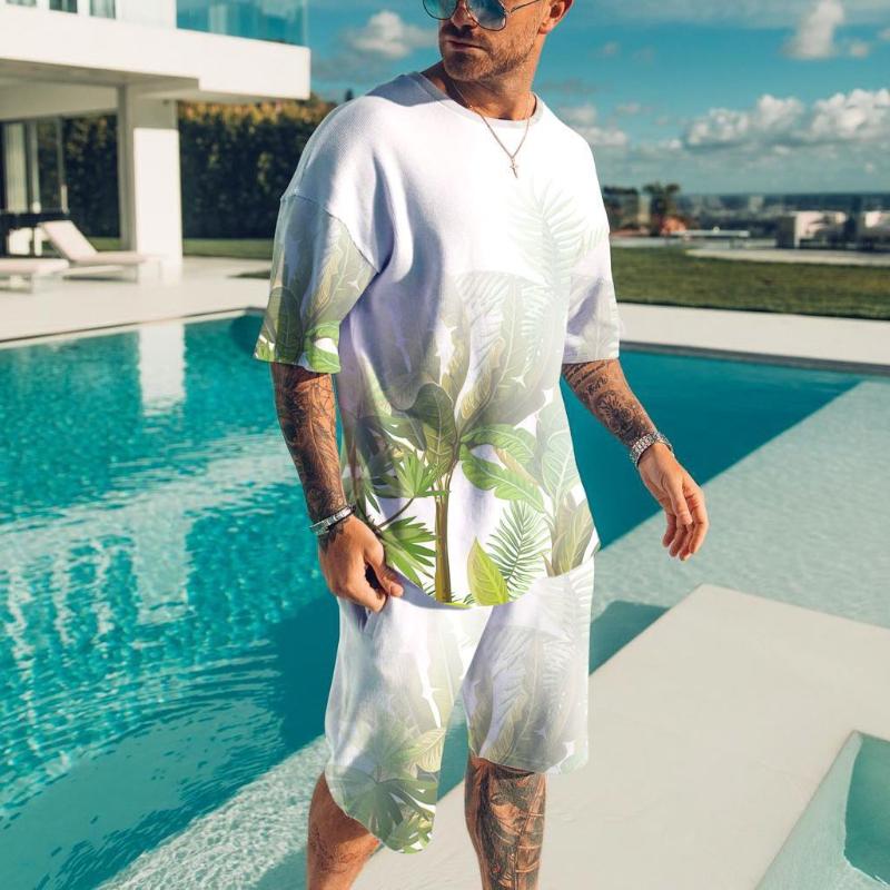 Men's 3D Printed Sports Two-Piece Set O-Neck T-Shirt Plant Pattern Printing Casual Fitness Short Sleeve Tops Shorts