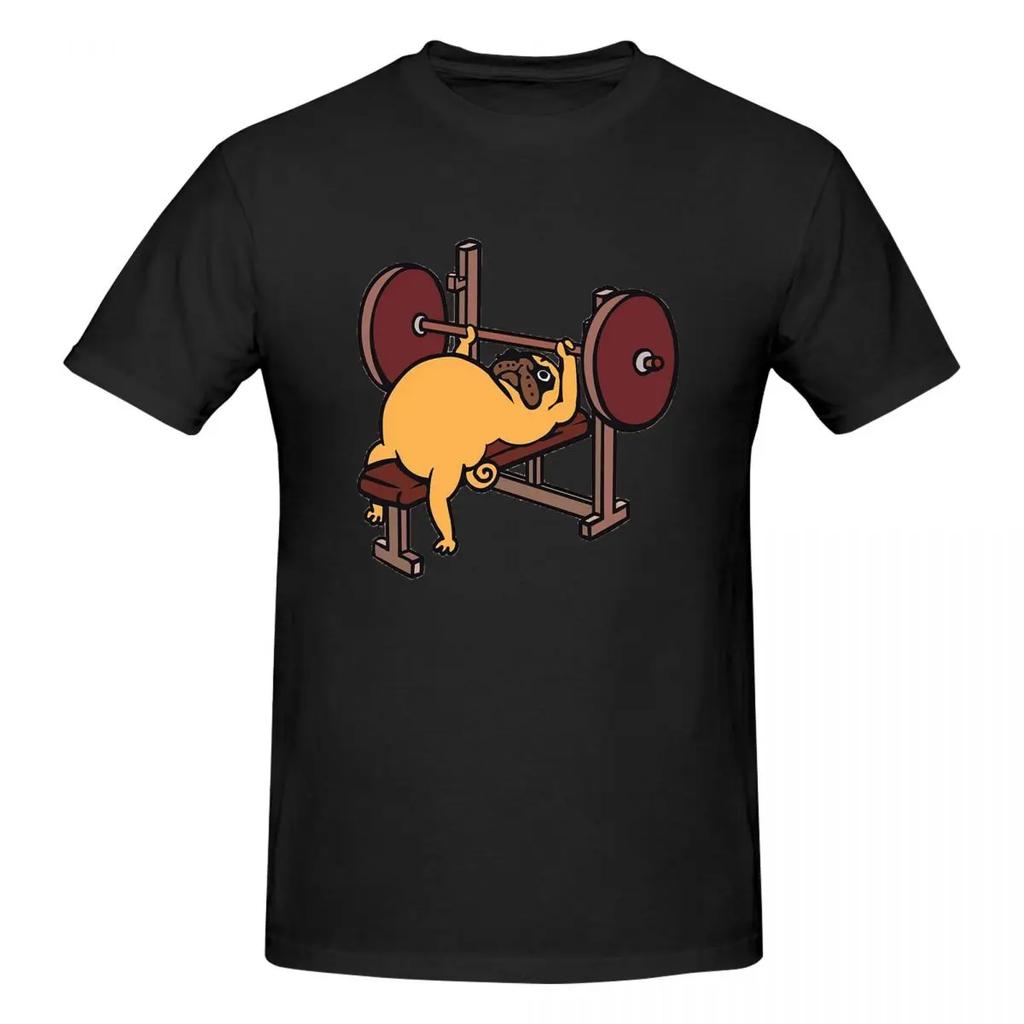 Pug Bench Press T-shirt Men's Funny Tee Men Round Neck Short Sleeve Retro Street High-quality Crew-neck Short-sleeved Men's Tee