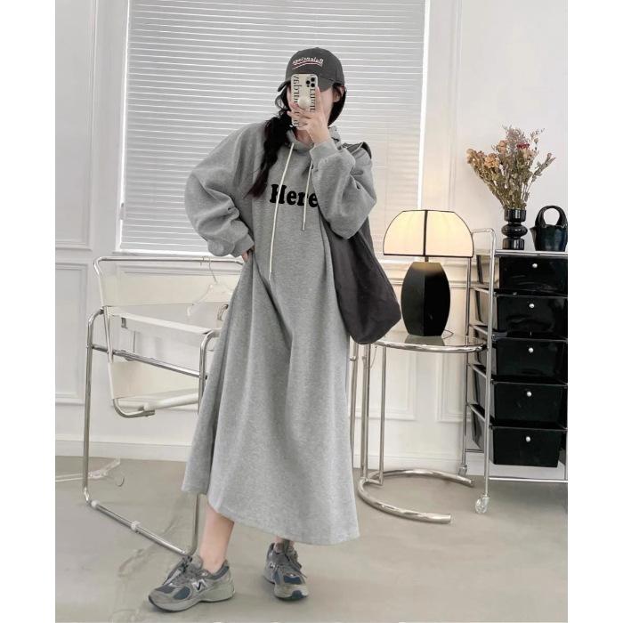 

YYFS Женская мода Осень Зима Длинный рукав С капюшоном Свободная талия Повседневные платья Size: One Size серый