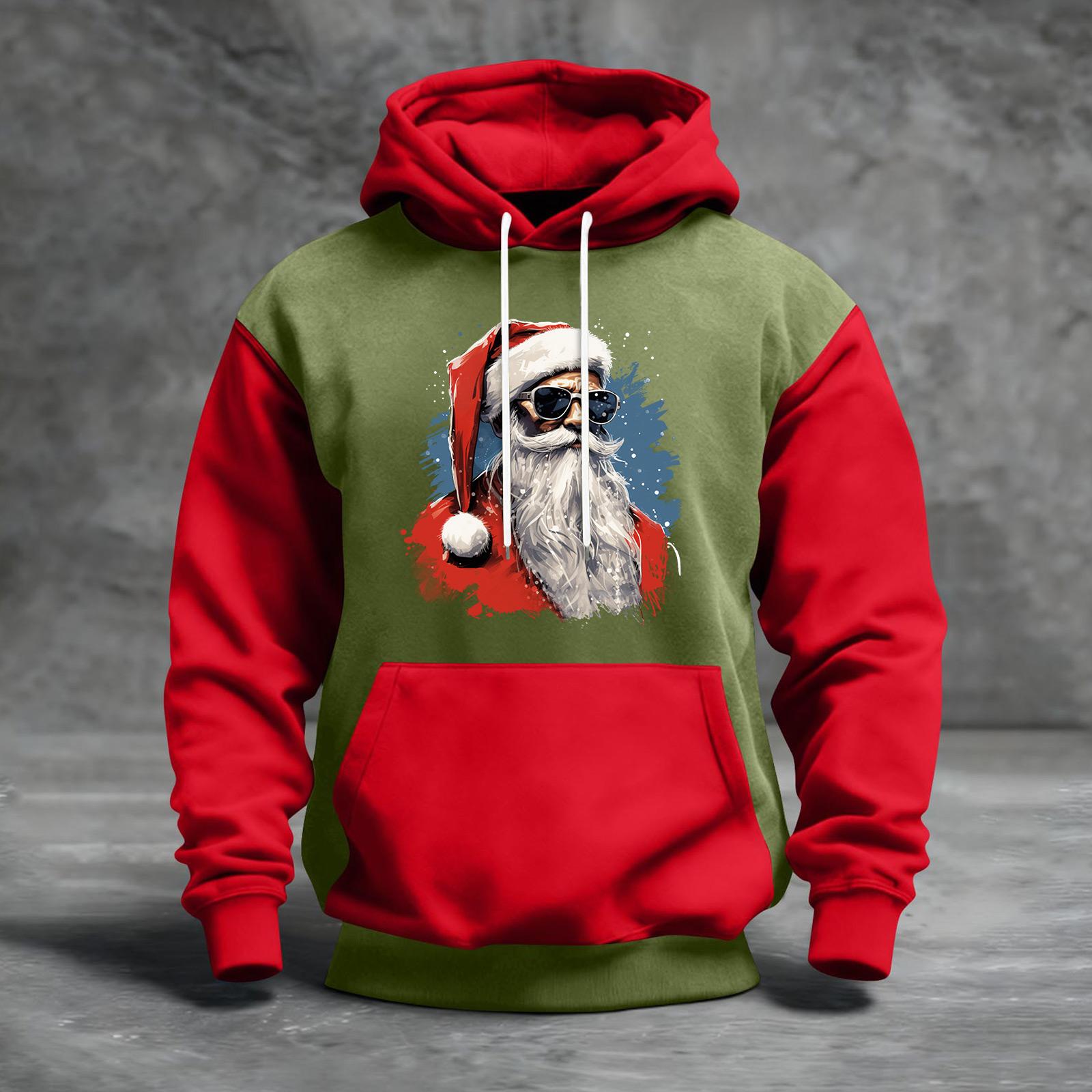 

Мужской рождественский свитшот с капюшоном, повседневный, спортивный, удобный, с цветными блоками и принтом XL