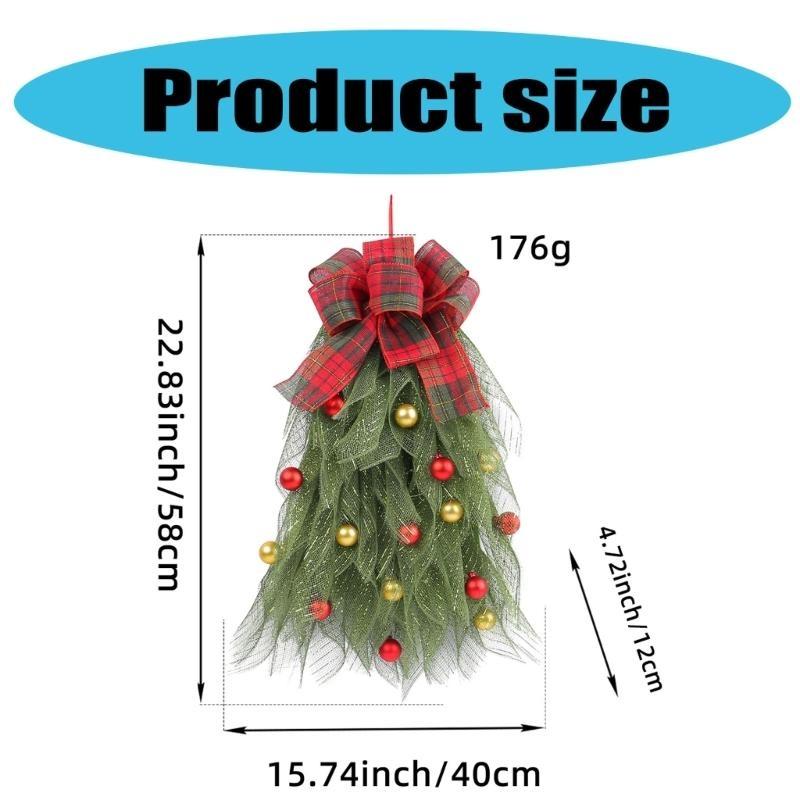 652F Christmas Tree Wreath with Plaids Bowknot Christmas Balls Ornament Holiday Wreath Farmhouses Party Supplies for Holiday