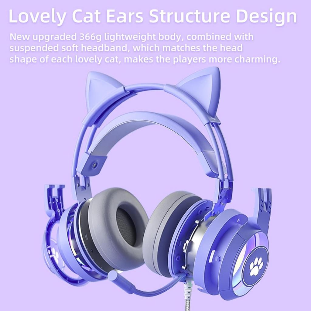 Cat Ear Headphones Purple Gaming Headset with Mic for Switch Xbox One PS4 PS5, Cute Girl Kids Wired Headphones Light up Kawaii Kitty Noise Cancelling