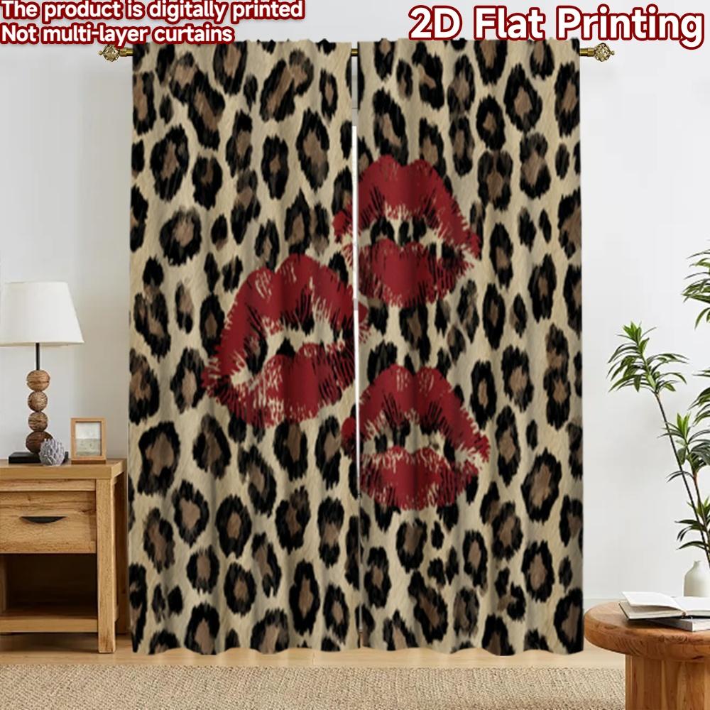 2D Flat Printing 2pcs Curtain Window Curtains Leopard Print with Lips Digital Printed Polyester Drapes All Season Party &
