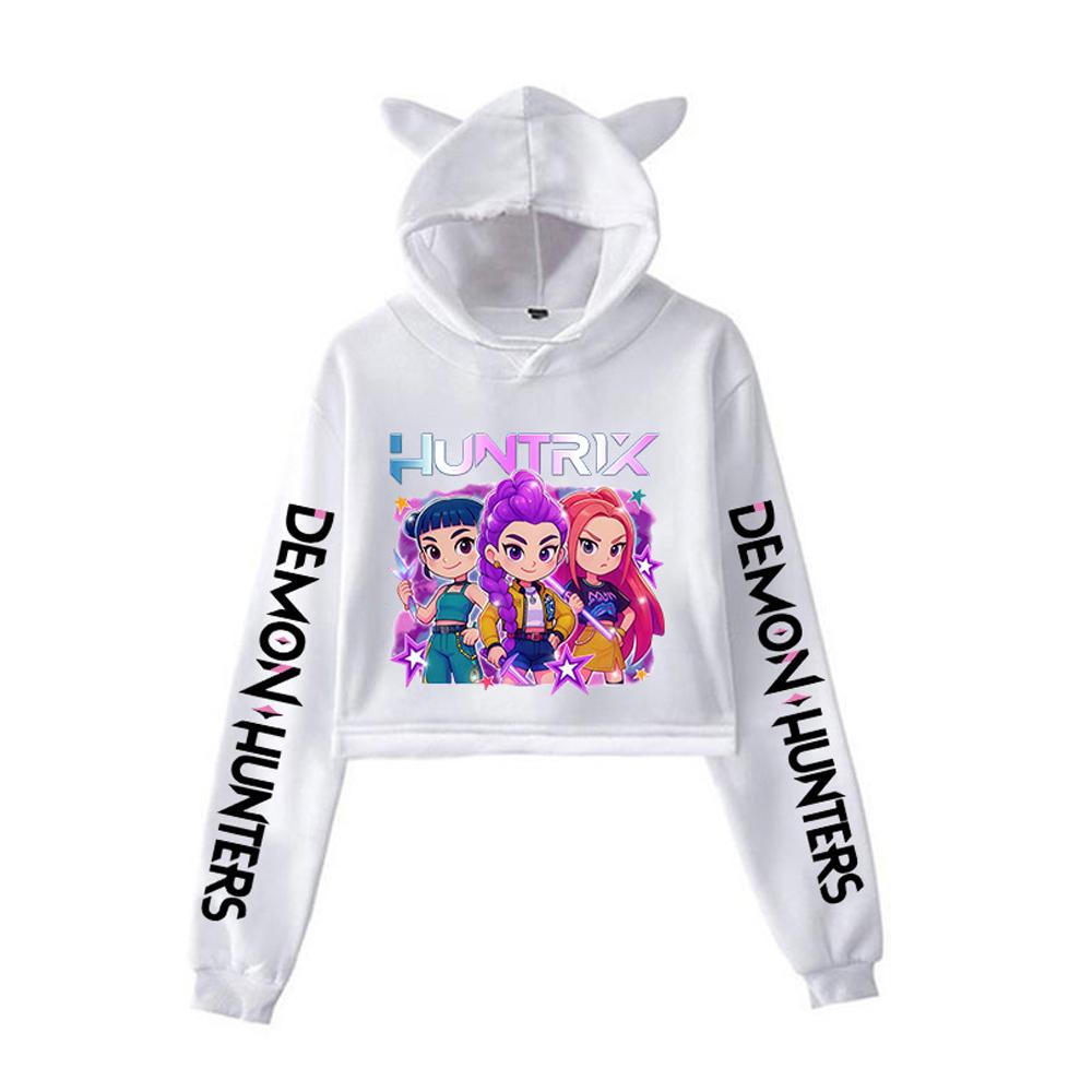 Kpop Demon Hunters Short Cropped Top with Cat Ear Long-sleeved Fashionable Hooded Sweatshirt for Girls.