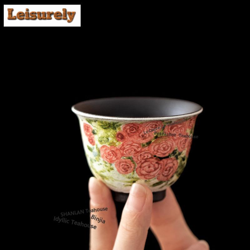 50ML Oil Painting Rose Flower Language Teacup Aesthetic Tea Bowl Set of Cups Tea-tasting Smelling Cup Chazhan Master Cups Cha