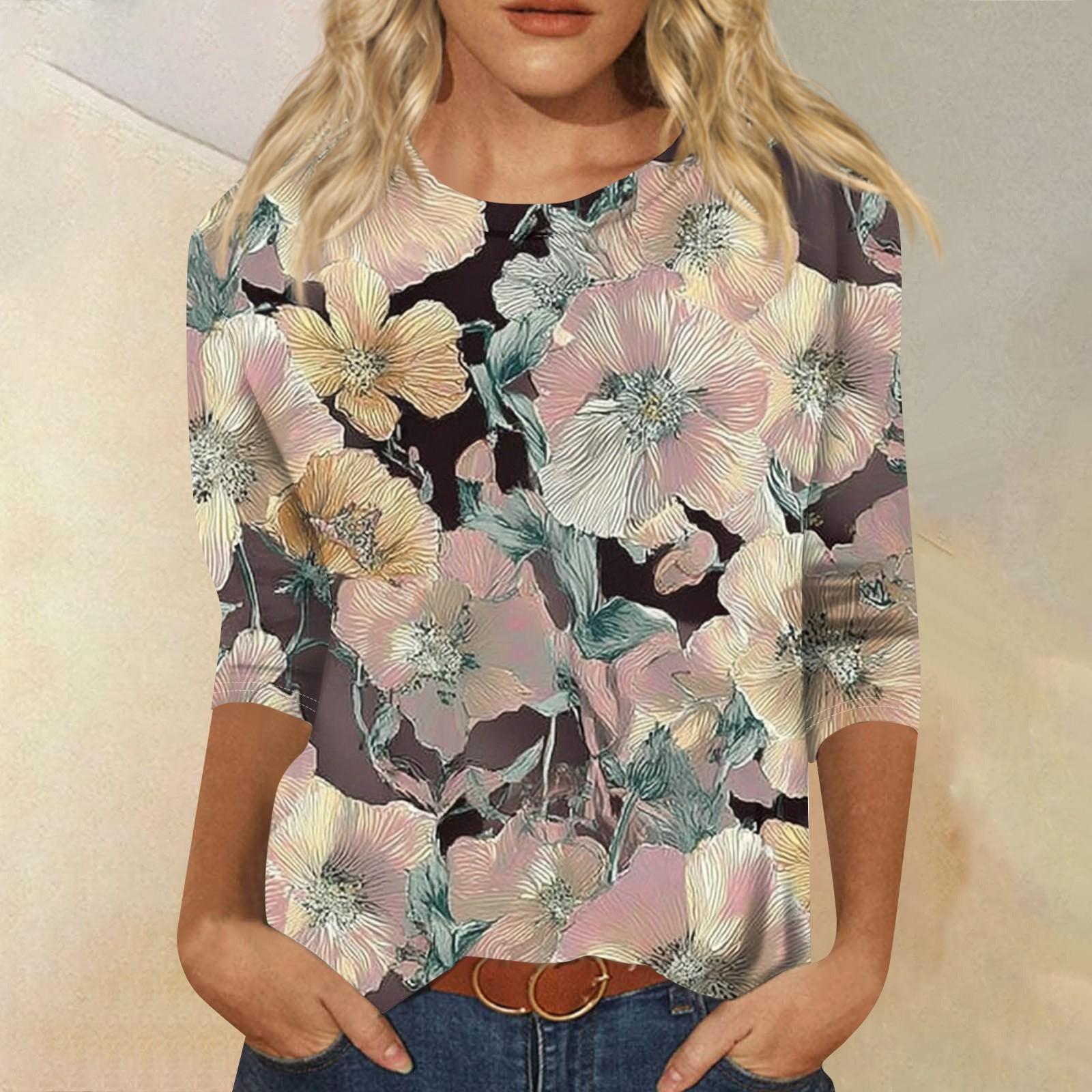 

Women s Fashion Casual Round Neck Three Quarter Sleeve Printed T-Shirt Top L рожевий