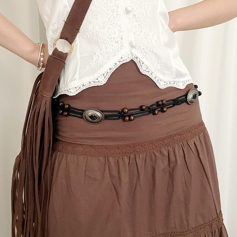 

Богемная этническая веревка на талию женская с бисером, дизайнерская, с цепочкой на талию для юбки, ретро плетеный пояс чёрный