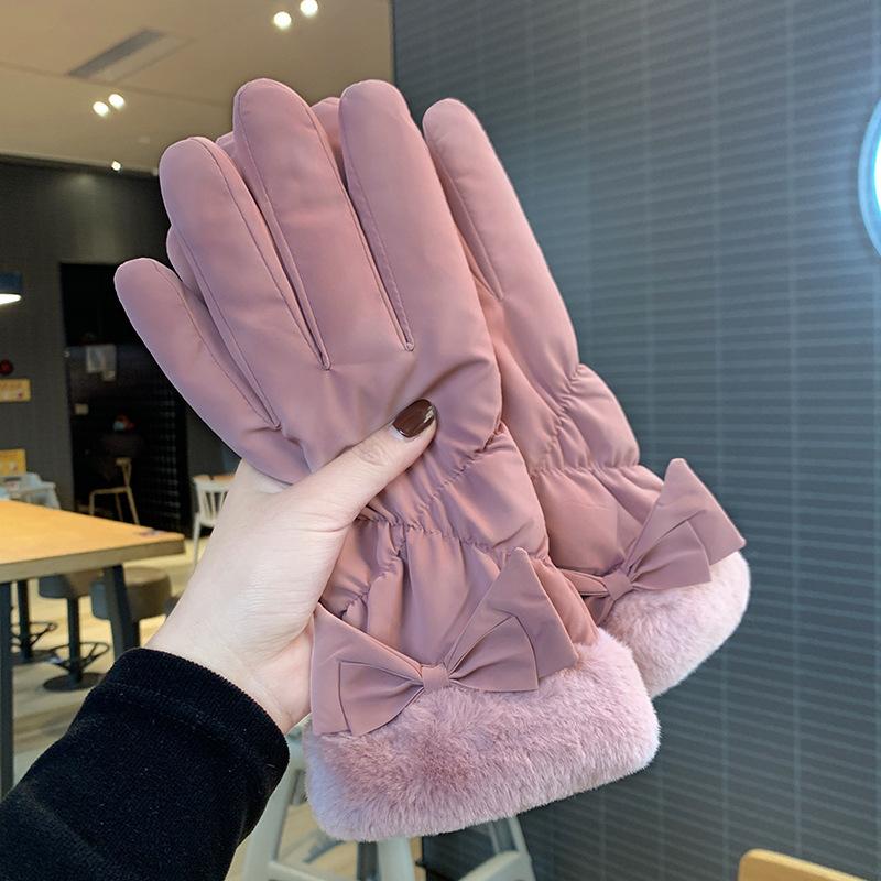 Bow Warm Gloves Fashionable and Versatile Women's Winter Plus Velvet Thickened Touch Screen Riding and Comfortable for Skin
