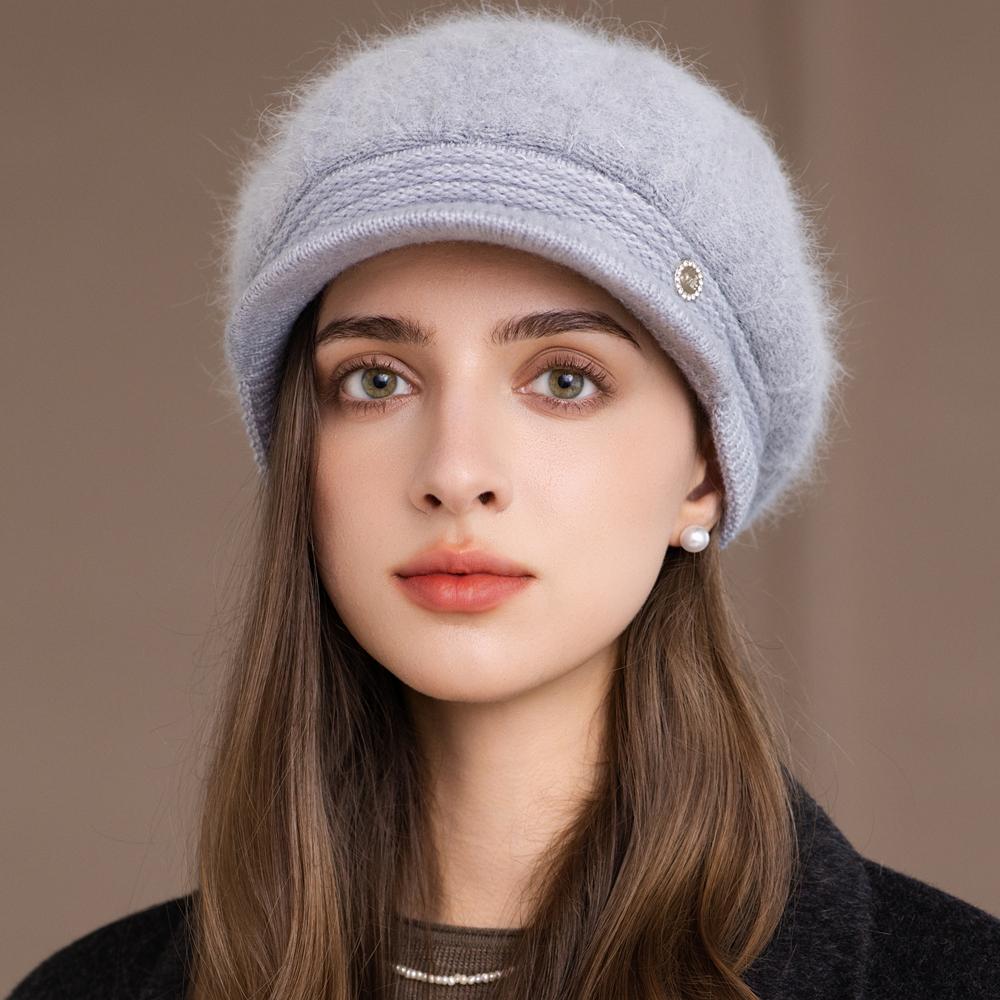 Chic Lined Fur Plush Brim With Hat Winter Fashionable Trendy Women New Brand Latest Fresh Hats For Casual Rabbit Blend Streetwear Knitted Cap