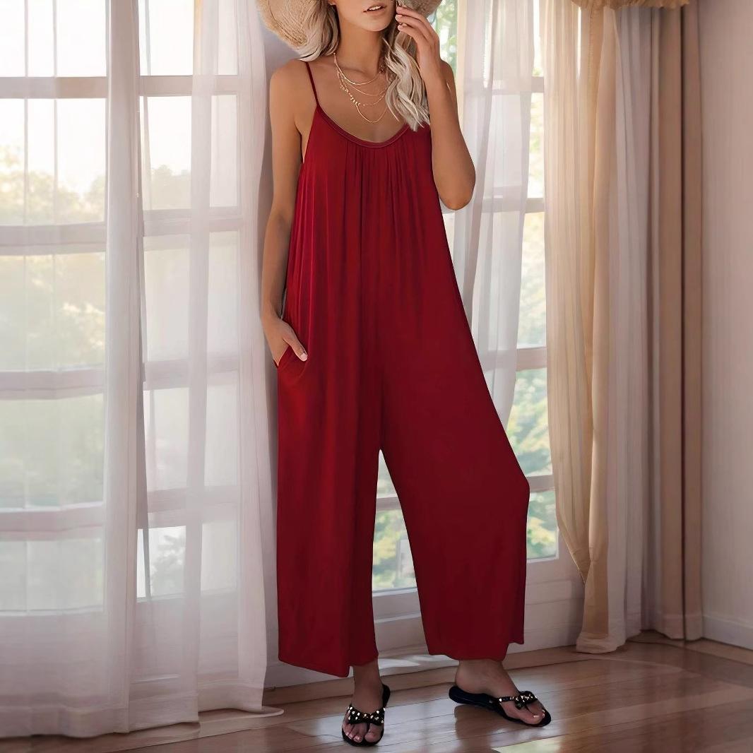 European and American summer new women s clothing, solid color jumpsuit, bagged loose suspender casual jumpsuit S