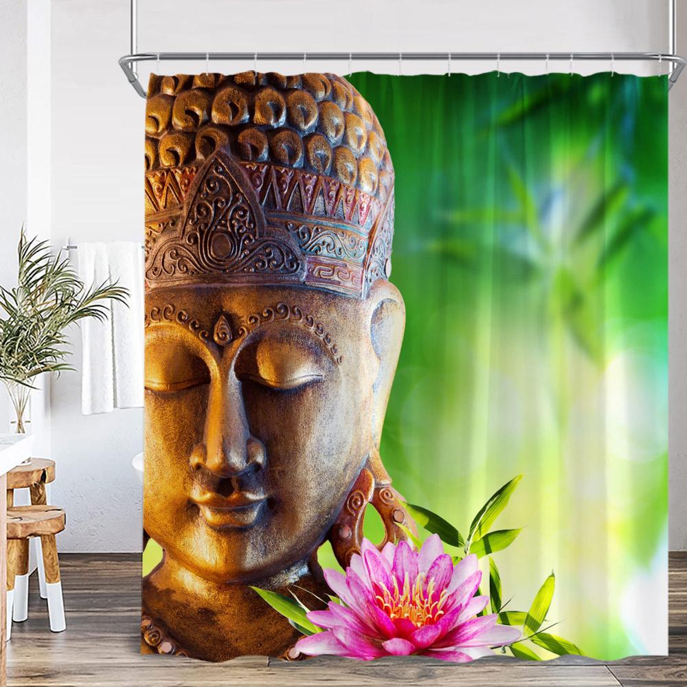 Zen Zasłony Prysznicowe Czarny Kamień Zielony Bambus Lotos Spa Świeca Fioletowa Orchidea Naturalny Liść Zasłona Łazienkowa Medytacja Wystrój Kąpieli