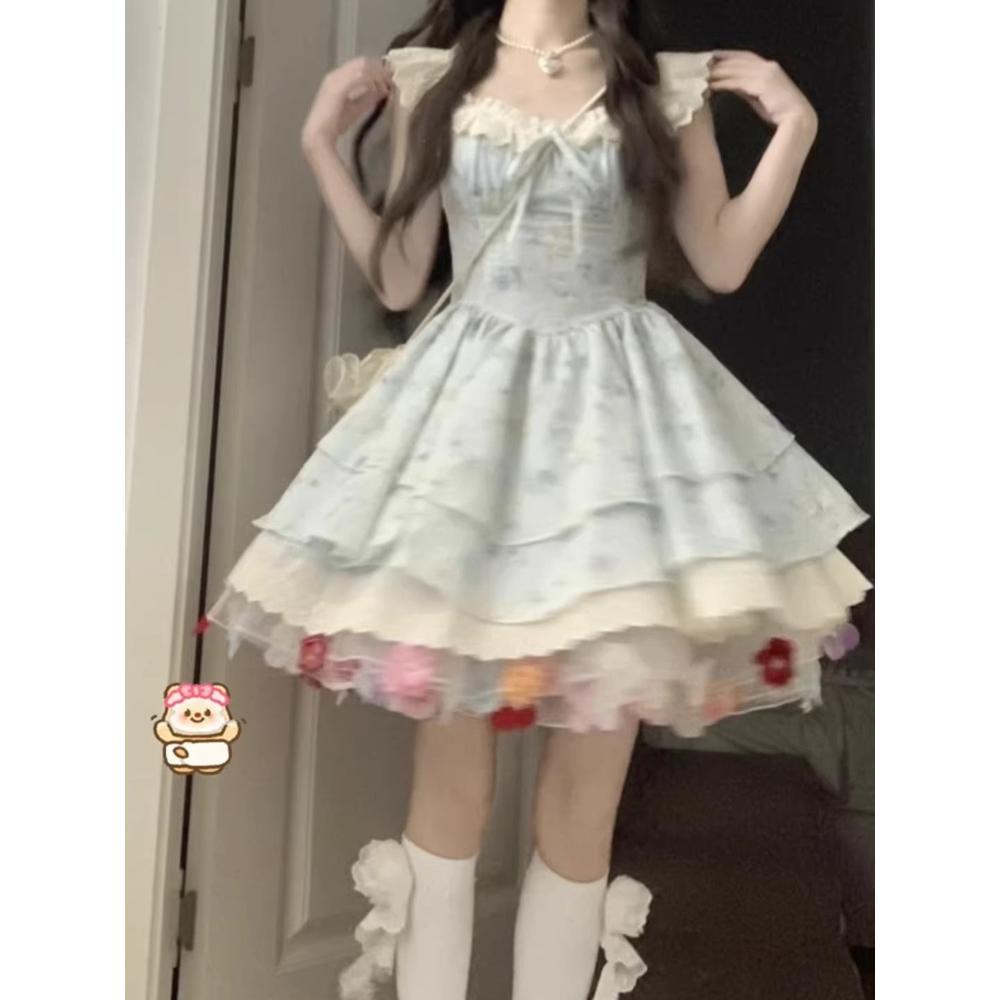 Sweet Spice Girl Pink Floral Dress Female Small Summer Beautiful Waist Fluffy Short Skirt College Style Cake Dress