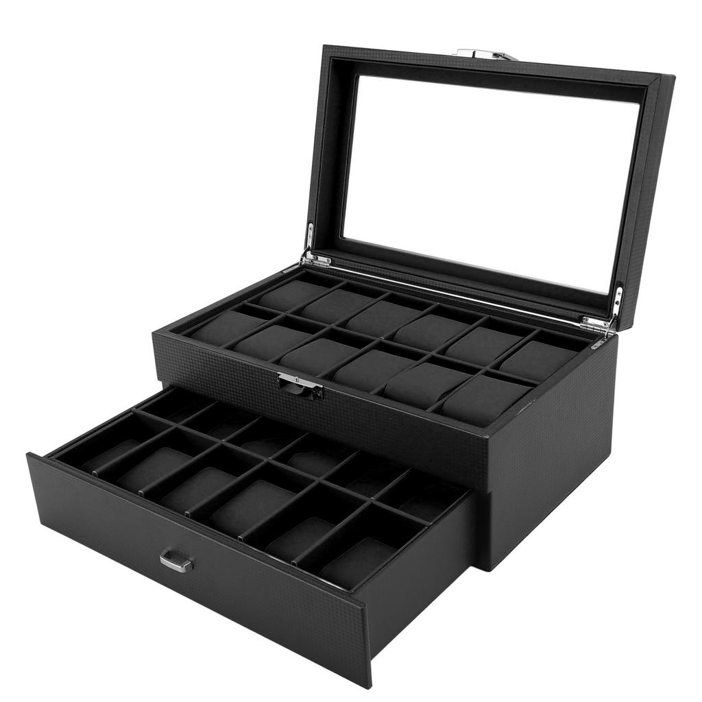 24 Slots Watch Display Box Carbon Fiber Watch Case with Drawer Design Waterproof PU Leather Interior Watch Organizer