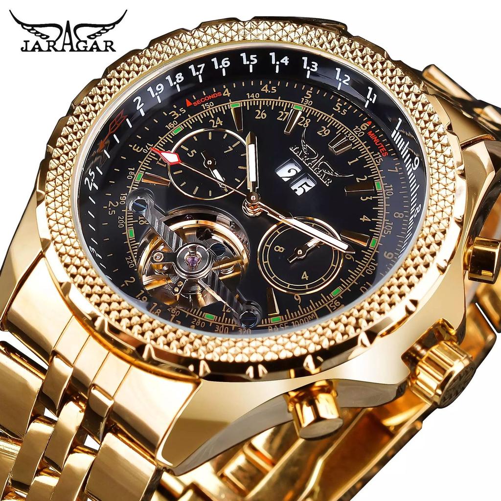 JARAGAR Men's Fashion Casual Tourbillon Large Dial Hollow Automatic Mechanical Watch GMT1105-2-A