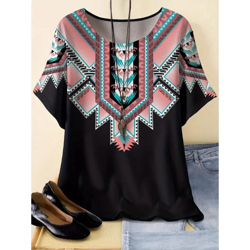 Summer Round Neck 3D Retro Ethnic Style Printed Top Fashionable Casual Short Sleeved Women's Plus SizeT-shirts