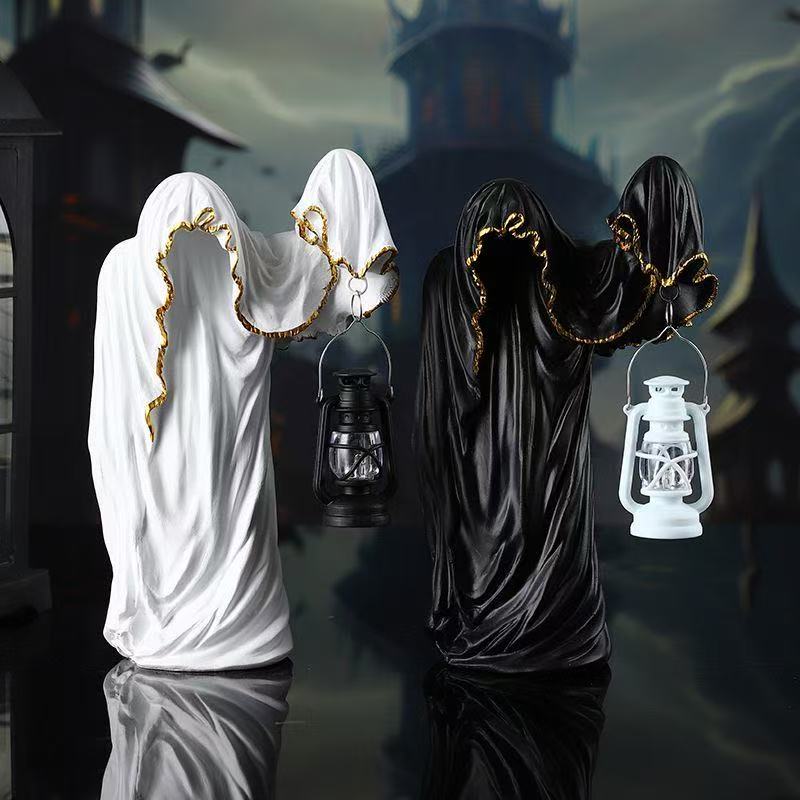 Ghost Wizard Lantern Figurines Dark Mysterious Home Decor Halloween Creative Props Scary Sculptures for Spooky Atmosphere