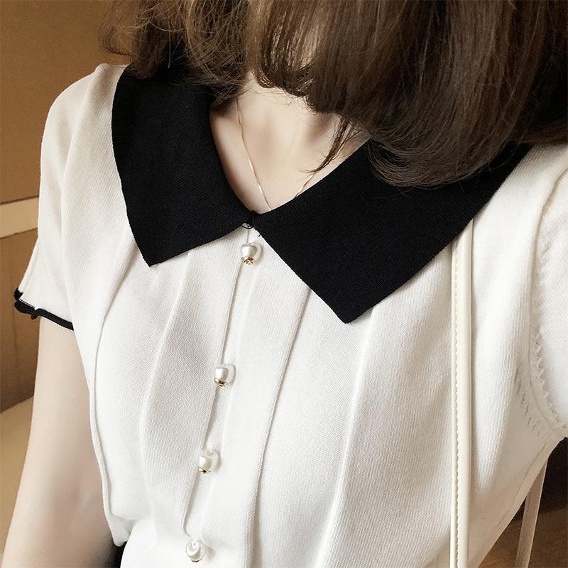 Knitwear Summer Loose Foreign-style Knit T-shirt Women's Black and White Colorblocking Short-sleeved Tops Casual Essential Slim Fit Pullovers Tees