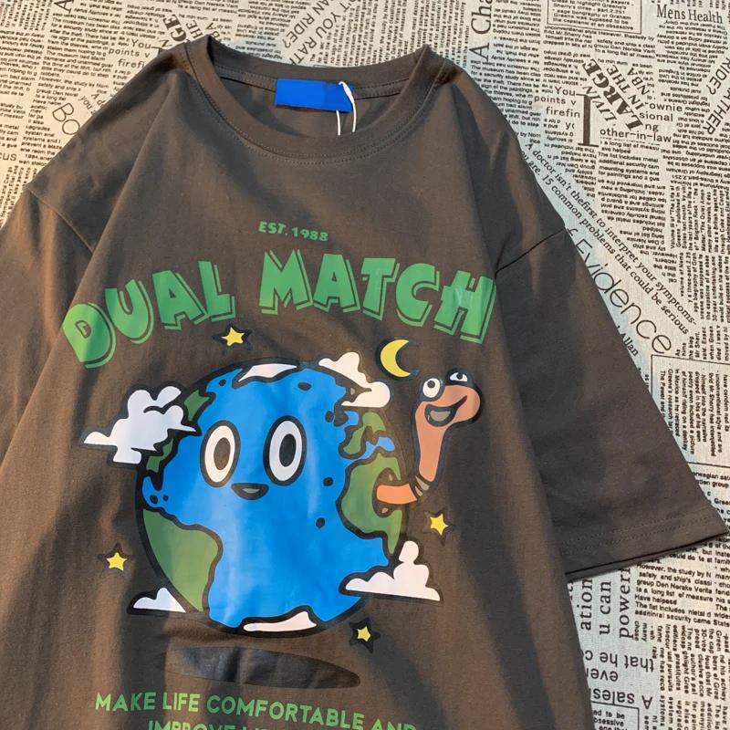 Turtle Planet American Retro Cartoon Printed Short Sleeved T-shirt Men Women Trendy Loose Versatile Couple Half Sleeved T-shirt