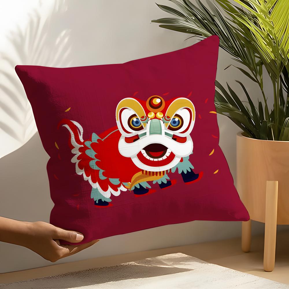 Linen Cushion Covers For Decorative Sofa Home Pillows Case Car Chair Pillows Cases Chinatown Festive Lion Print Pattern