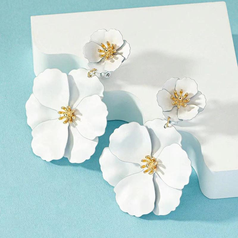 Big Flower Drop Earrings for Women Exaggerated Double Floral Dangle Earrings Statement Charm Jewelry for Wedding Party