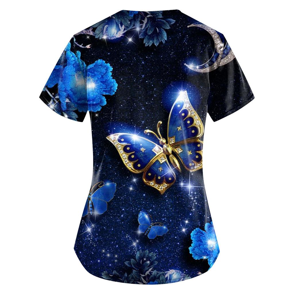 Women Fashion Butterfly Print V-neck Short Sleeve Workwear With Pockets Tops
