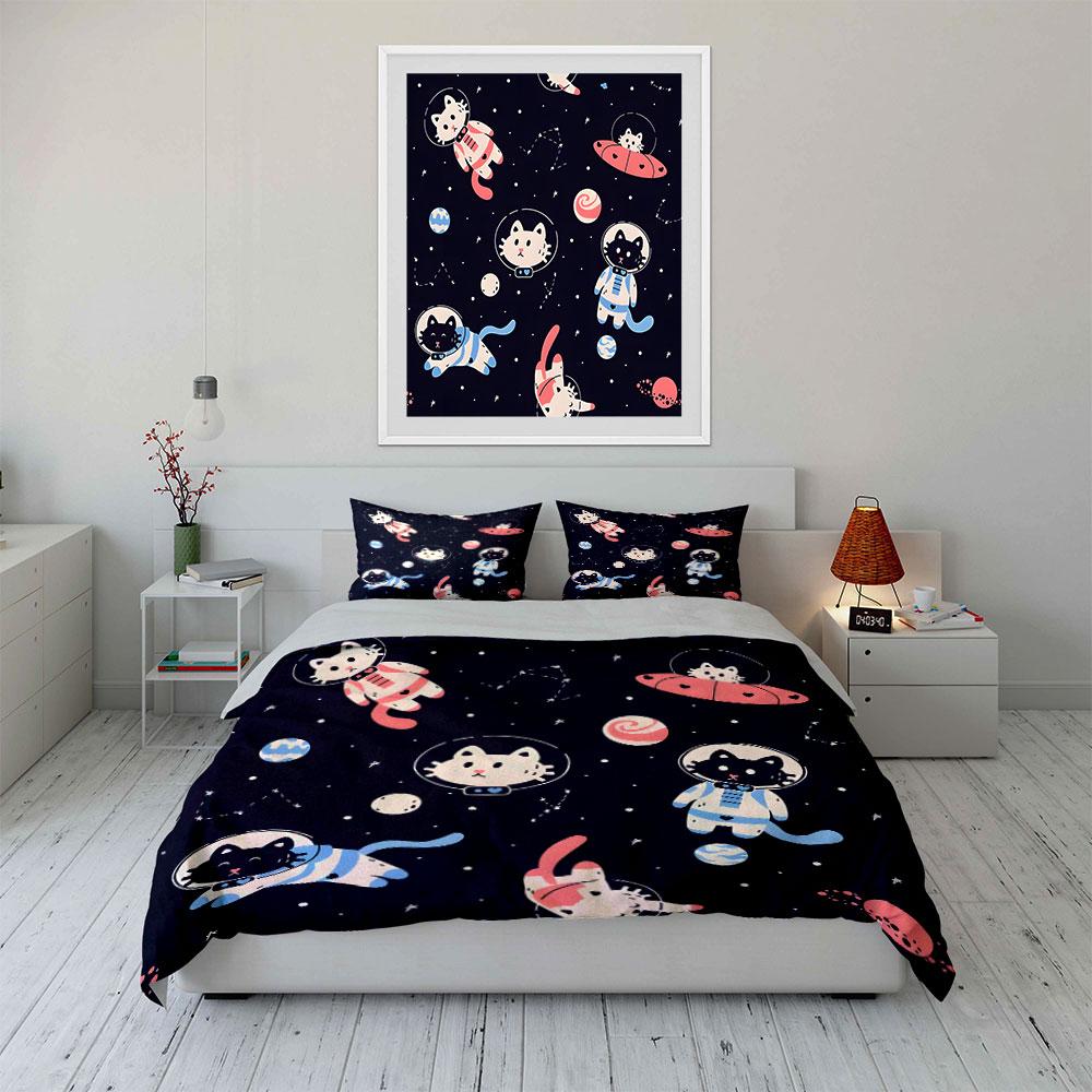Space Cat Trio Adventure Design  Kid'S And Adults' Bedroom Decor, Exquisite Three-Piece Bedding Set Gift