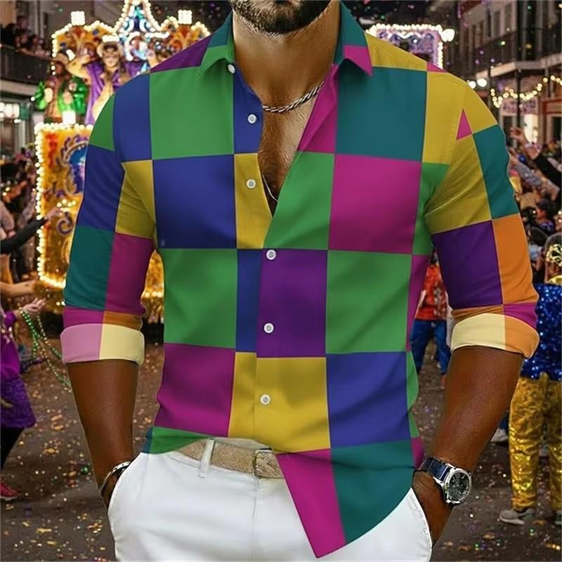 

Autumn Winter New Men Casual Long Sleeve 3D Digital Print Lattice Long Sleeve Shirt 3XL зелений