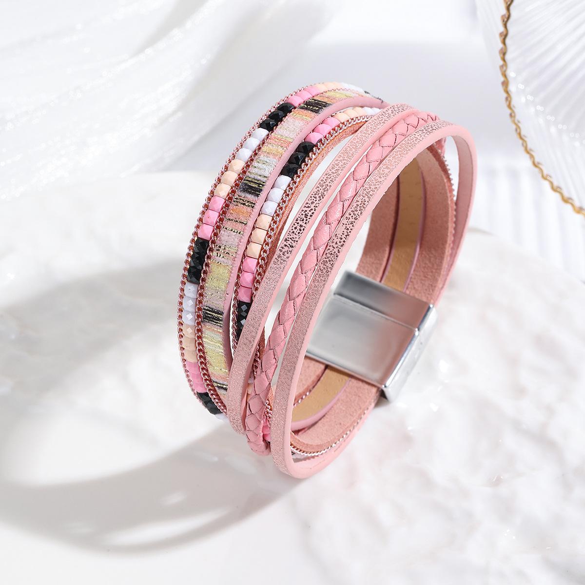 

Magnetic Clasp Leather Bracelet for Women Multi Layer Braided and Patterned Strap Cuff Wristband Jewelry Accessory One Size
