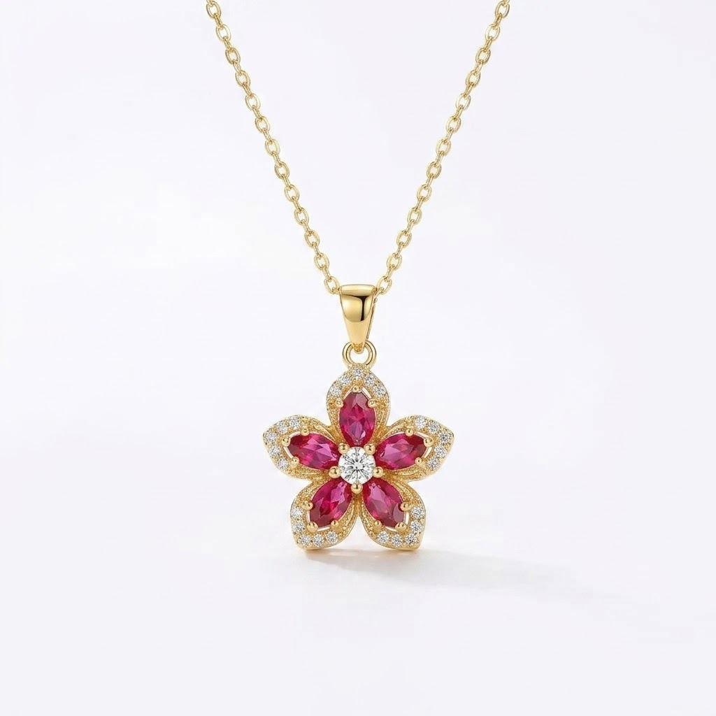 European & American Style Zircon Flower Pendant Necklace - Five-Petal Petal Design, Collarbone Chain