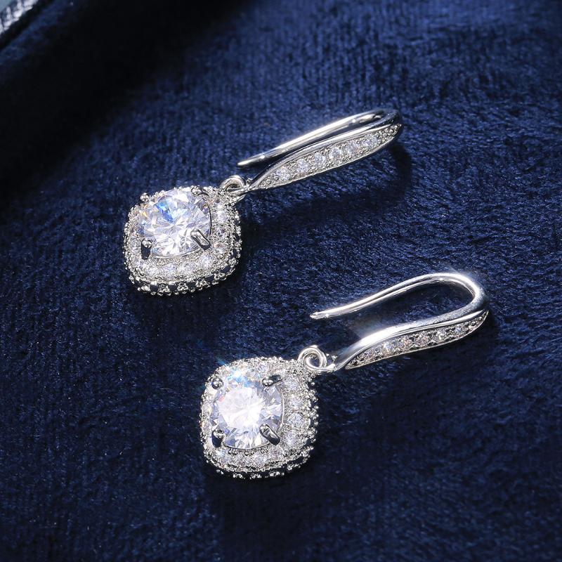 Trendy Luxury Silver Color Square Drop Earring Wedding Bridal Accessories Shine Zircon Stone Elegant Women Jewelry