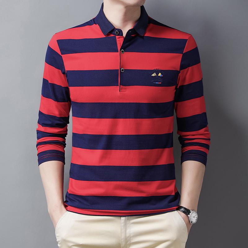 Neues Sommerstreifen-Stickerei Herren Streetwear Polohemd Baumwolle Freizeit Oberteil Mode Street Langarm Herrenbekleidung