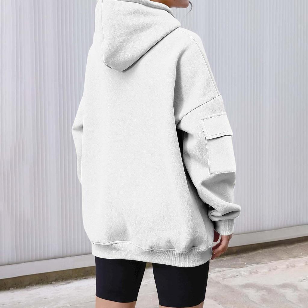 Hoodies For Women Solid Color Oversized Sweatshirt Long Sleeve Fleece Fall Fashion Sweatshirts with Cargo Pocket