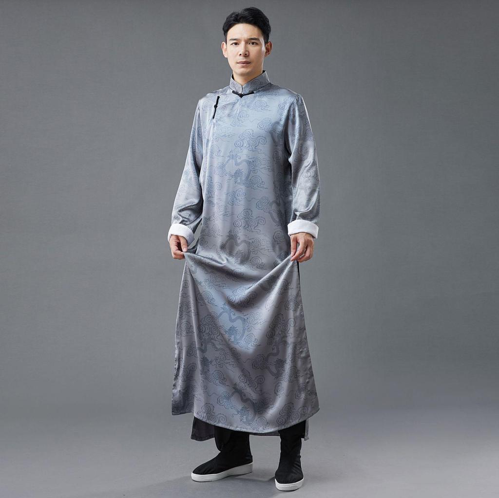 Chinese Silk Satin Dragon Print Long Shirt with Pan Kou Buttons - Purple Performance Robe