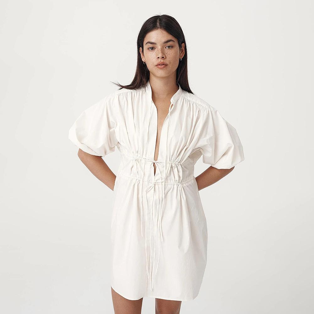 For European and American spring and summer new vacation drawstring lace waist lantern sleeves short shirts and dresses S