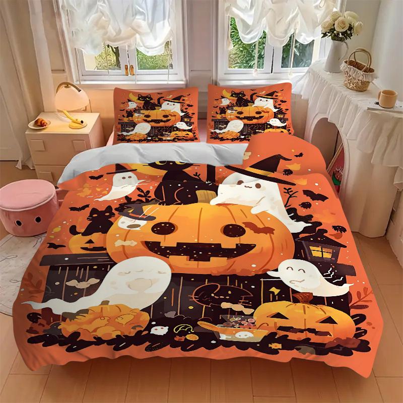3pcs Cats & Ghosts & Pumpkins Halloween Quilt Cover Set (1 Quilt Cover + 2 Pillowcases Without Pillow Core), High-Definition Printing for Home an