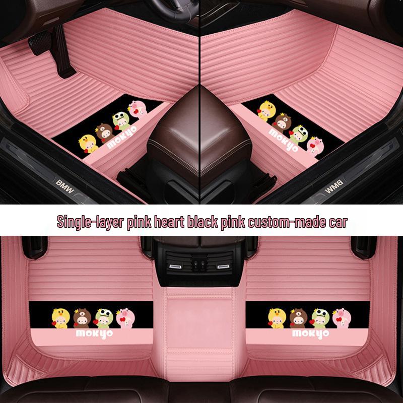 Custom Leather Car Floor Mats for Women - Cartoon Design, Double-Layer, Full Coverage