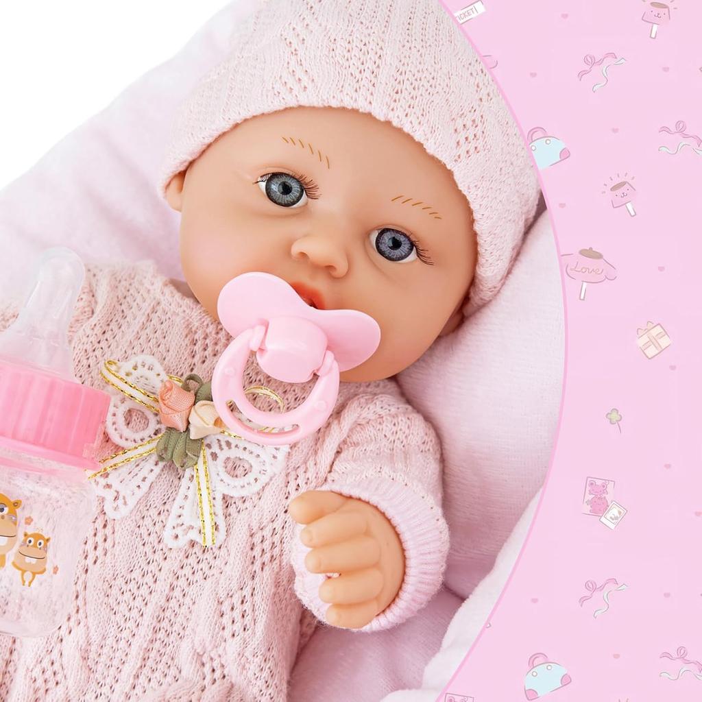 12 Inch Baby Dolls Set with Accessories and Clothes,Newborn Girls Baby Doll with Soft Sleep Bassinet Bed Crib Pillow Blanket Pacifier Feeding Bottles