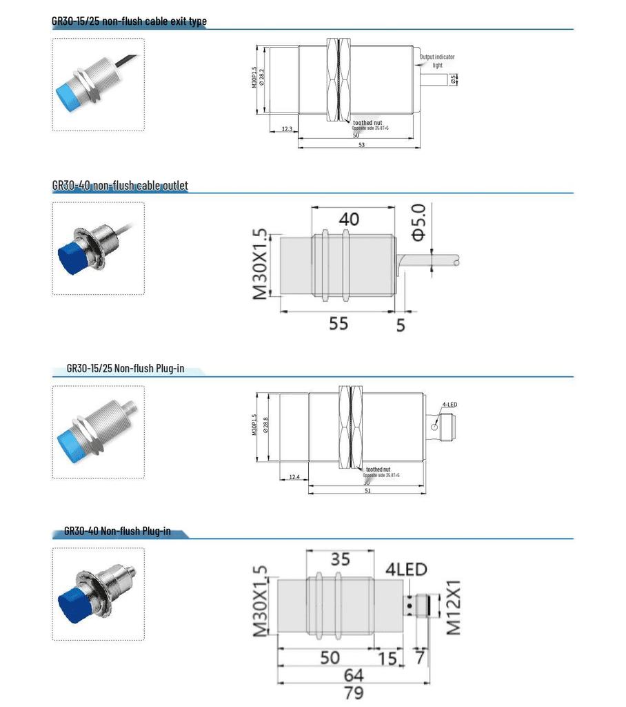 Adjustable M30 Metal Sensing Inductive Proximity Switch, 10-30V, Three-Wire, NPN/PNP, NO/NC.