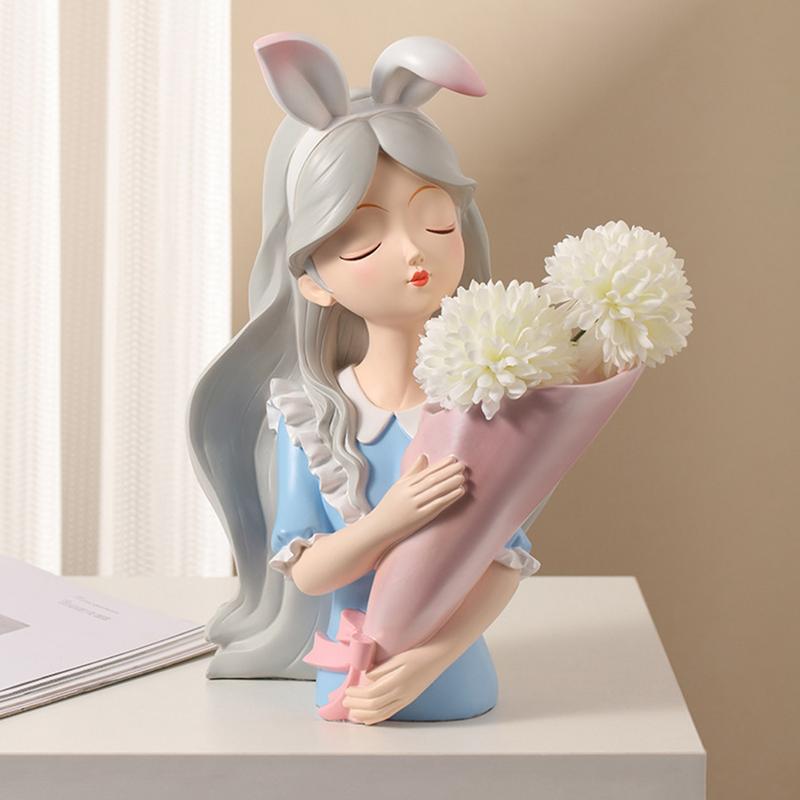 Modern Decorative Artificial Flower Vase Girl Sculptures Interior Home Resin Ornaments Household Desktop Vase
