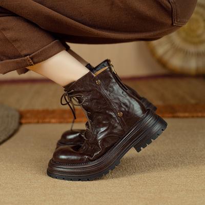 Fashion Women's New Autumn and Winter Round Toe Leather Sheepskin Thick Soled Lace Up and Calf Mid Heel Plus Size Fashion Short Boots