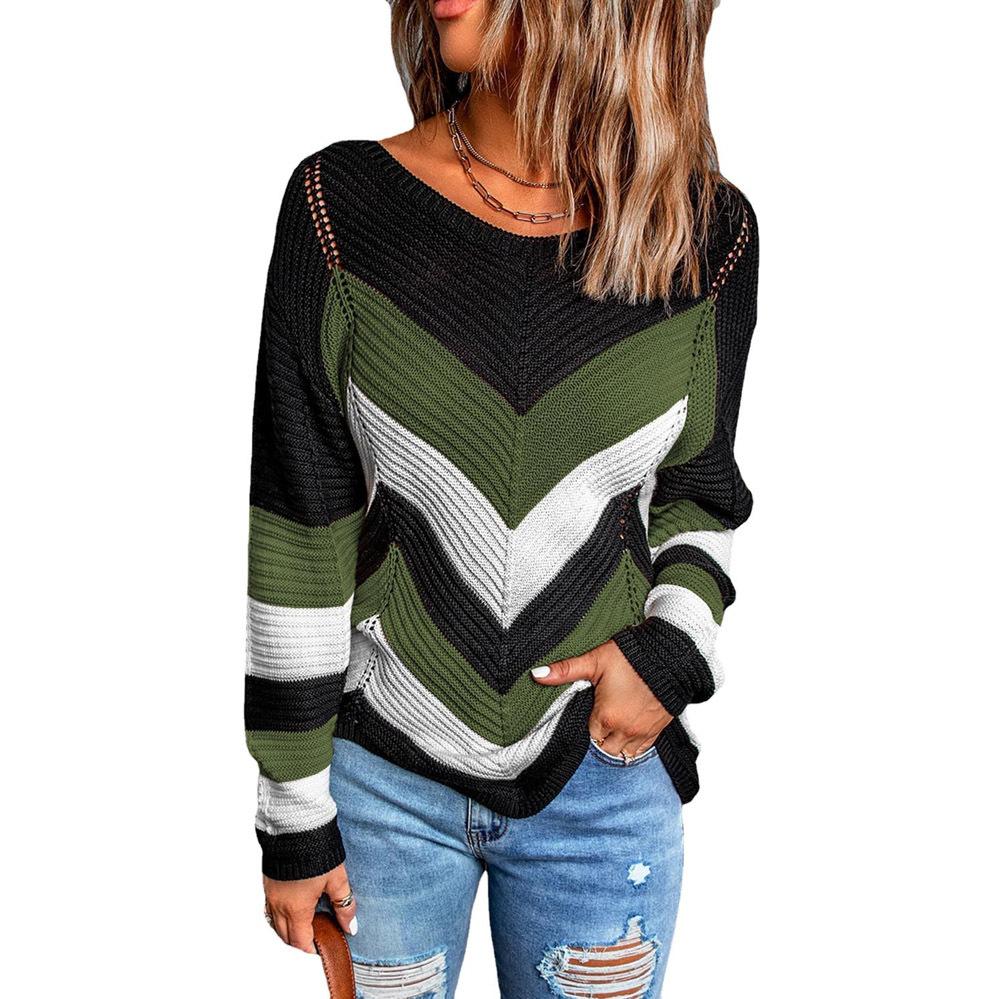 Women Jumper Loose Colorblock Sweater Long Sleeve Scoop Neck Cut Out Dropped Shoulder Casual Ribbed Knit Pullover