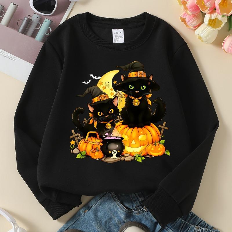 Kids Crewneck Sweatshirt, Halloween Witch Cats Pumpkin Print, Soft Casual Pullover for Fall Winter