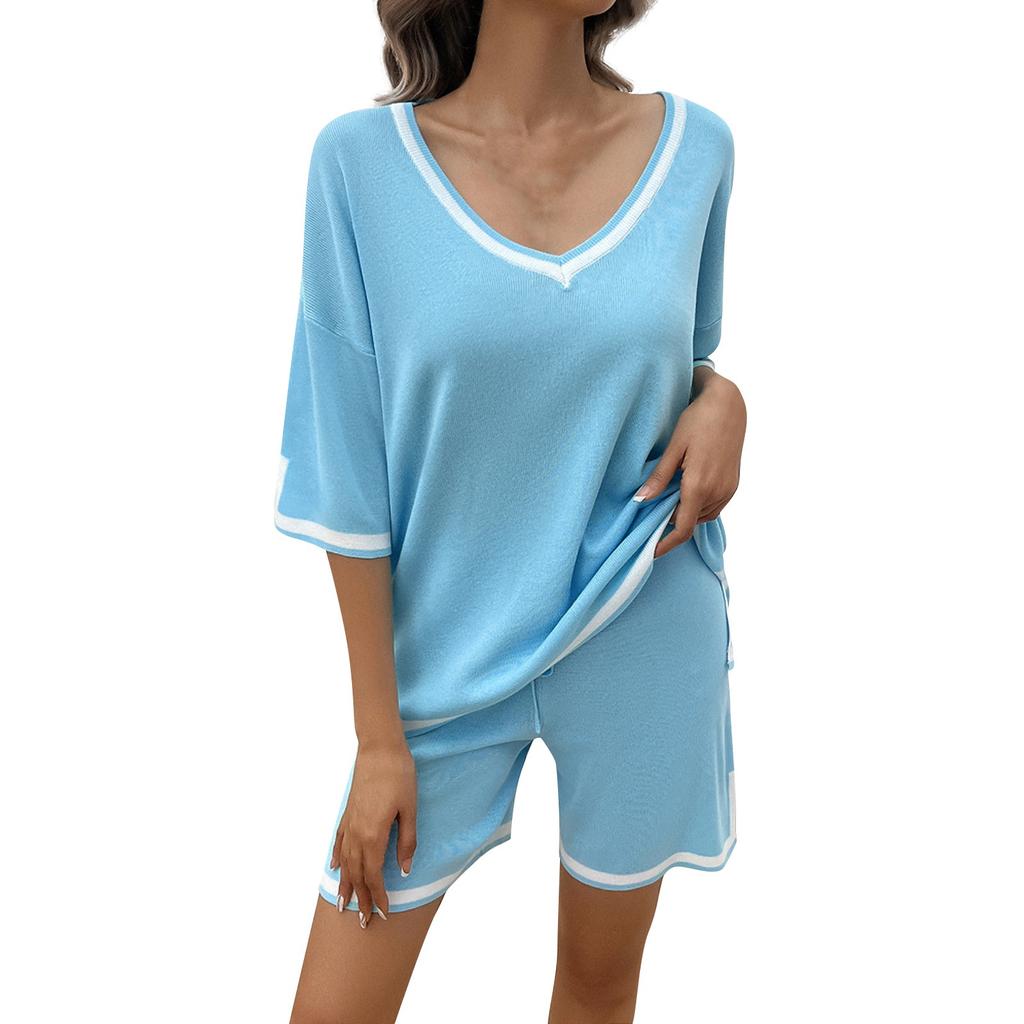 Dámské pletené svetry Krátké soupravy 2dílné outfity Pulovry s výstřihem do V Široké nohavice Krátké soupravy Odpovídající sada