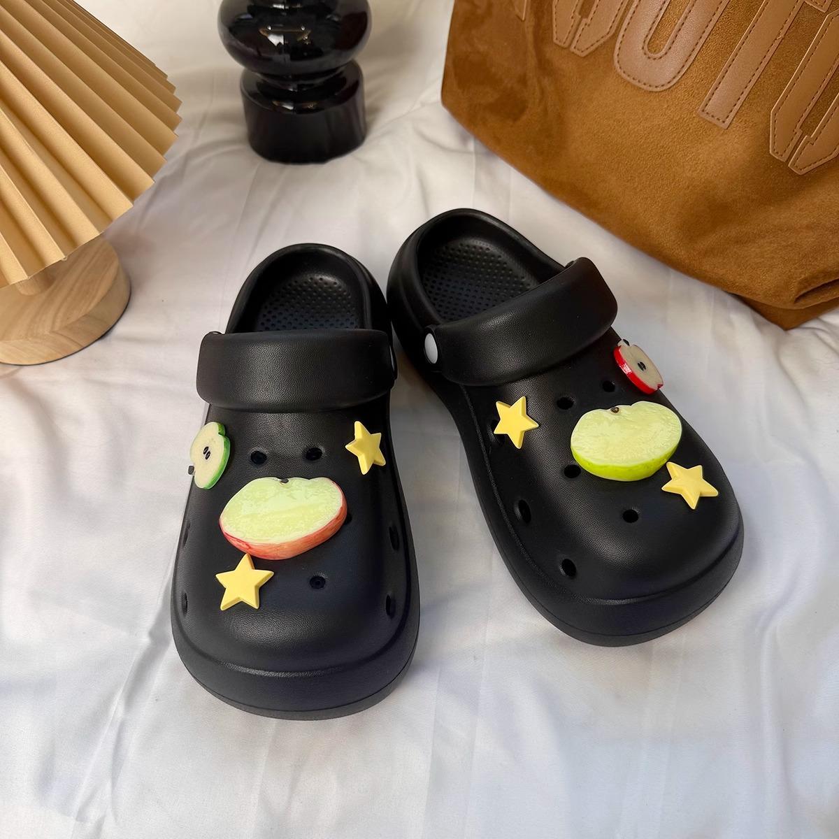 

Весенне-летние толстоподошвенные повседневные шлепанцы, наступать в дерьмо чувствуется удобно и прохладно, милые мультяшные яблоки, звезды, толстоподошвенные дырчатые туфли, женские 40-41 чёрный