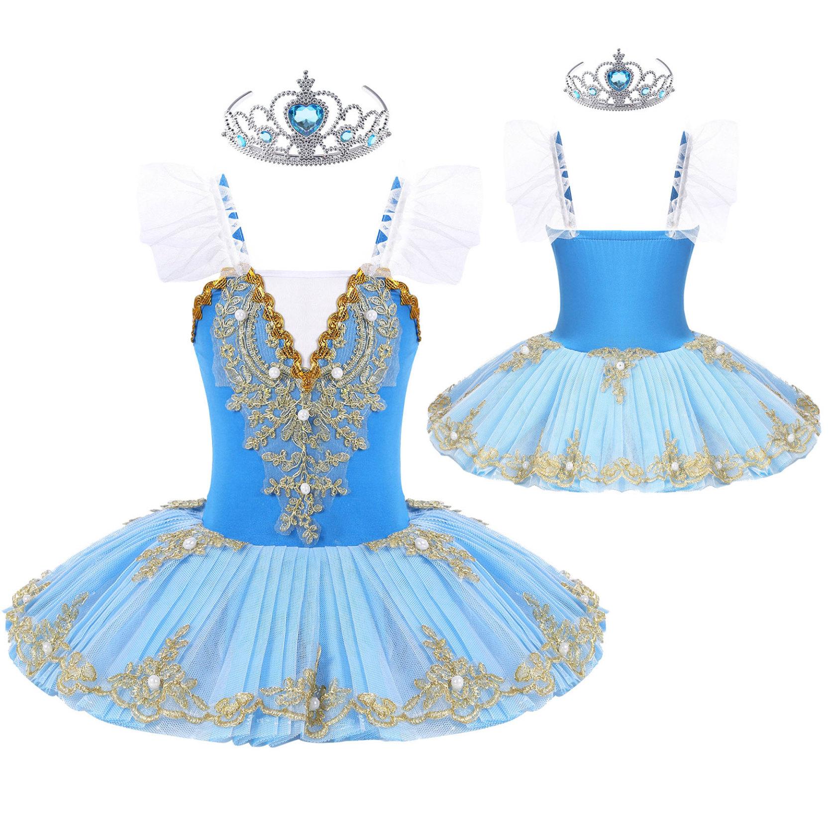 

Дитяча танцювальна сукня для дівчаток з V-подібним вирізом і рюшами, декором на плечах, з комплектом головних уборів, балетний костюм 10-12 Years небо синє кольору/білий