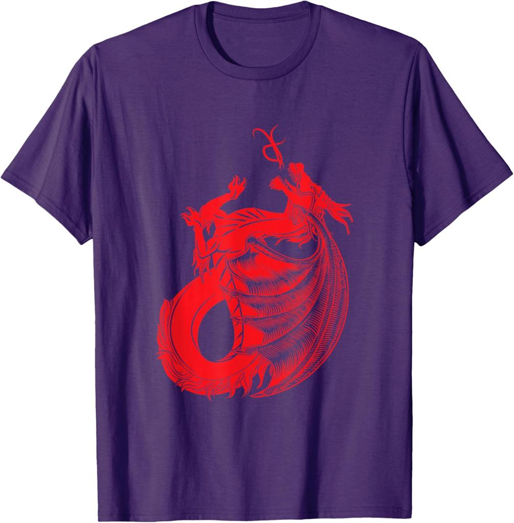 Red Mythical Dragon Graphic Print Cotton Crew Neck TShirt Casual Short Sleeve Tee for Men