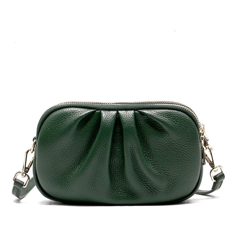 Leder-Damenhandtasche, High-End-Handytasche, neue erste Schicht Rindsleder Münztasche, dreilagige Reißverschluss-Falten-Umhängetasche.