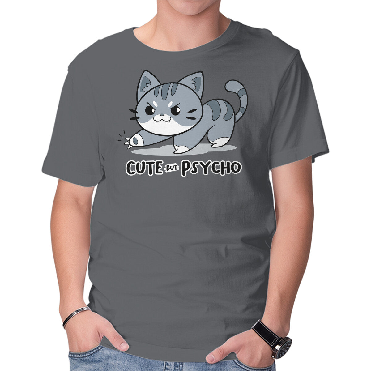 Unisex Crew Neck T-Shirt Cute But Psycho Cat Graphic Short Sleeve Casual Tee XXXL