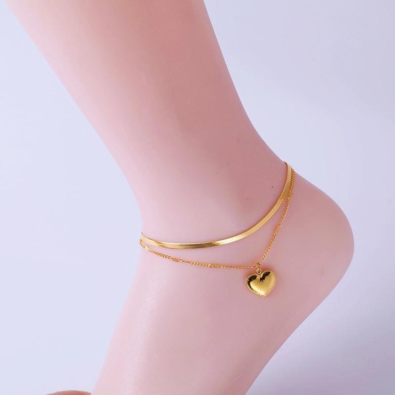 

Золотая двухслойная цепочка на ногу в форме сердца для женщин, титановая сталь не тускнеет, модный и простой ювелирный подарок