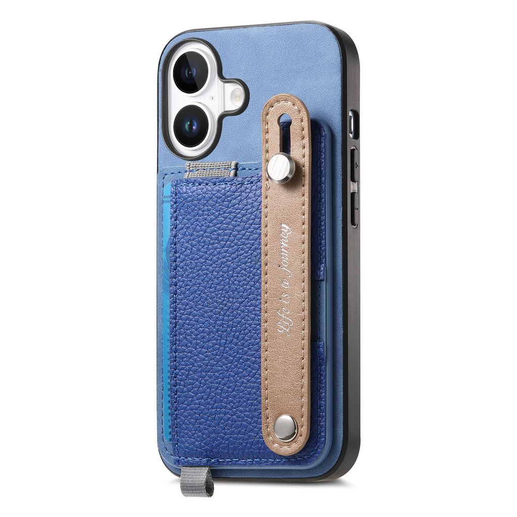 For iPhone 16 Plus Magnetic Leather Back Case with Detachable Card Holder and Wristband